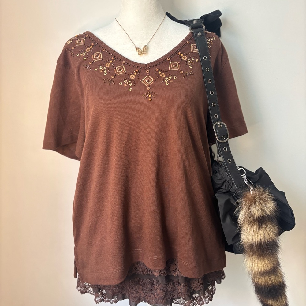 Alfred Dunner Brown Embroidered Beaded Blouse